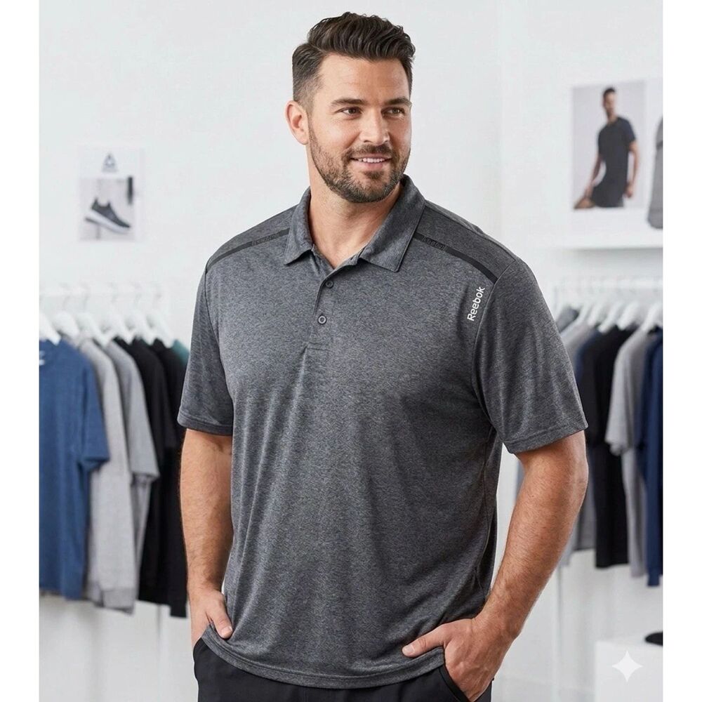 REEBOK Polo Mens 2XL Charcoal Gray Performance Short Sleeve Athletic Golf preppy